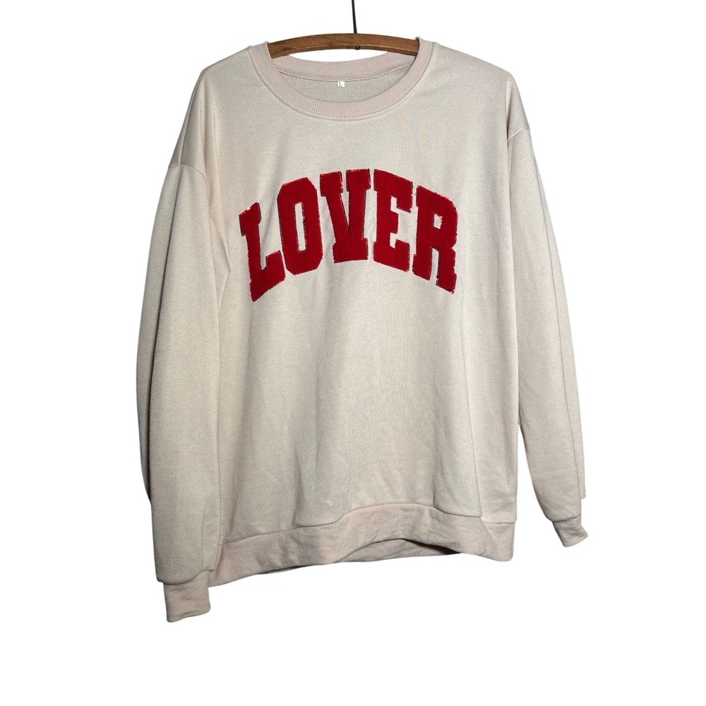 Lover Graphic Crewneck Sweatshirt L Cream Red Chenille Varsity Pullover Concert